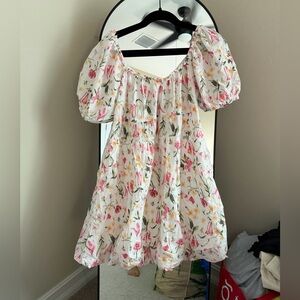 H&M Floral Puff Sleeve Mini Bubble Dress - White and Pink